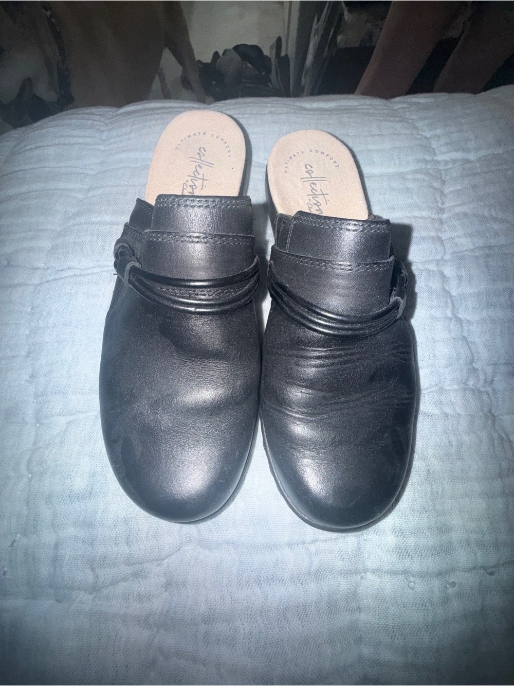 Clarks Black Leather Slip-On Mules with Decorative Strap